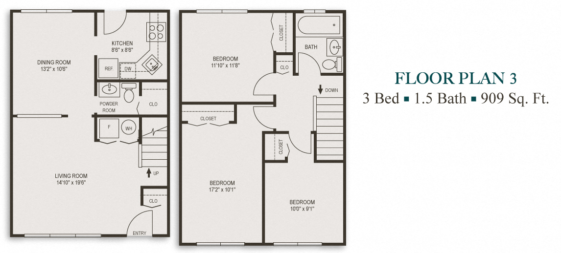 Floor plan for 3 beds, 1.5 baths, 909 sqft